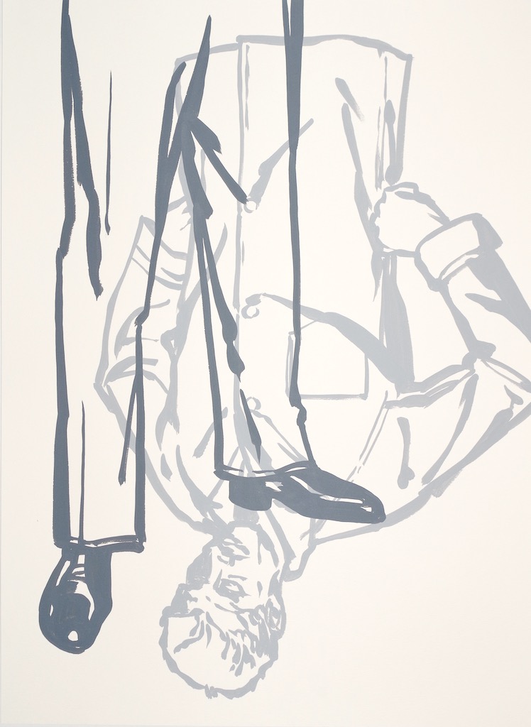 Middle-Aged White Man Standing On His Own Neck 1  30x22 gouache on watercolor paper