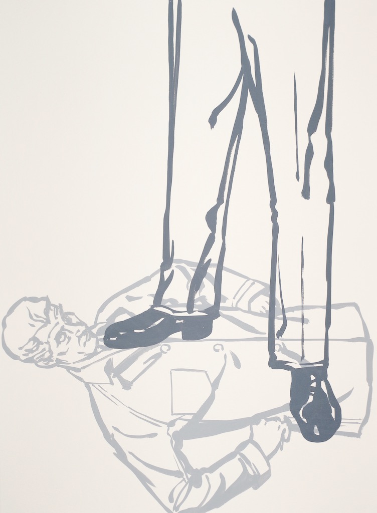 Middle-Aged White Man Standing On His Own Neck 2  30x22 gouache on watercolor paper