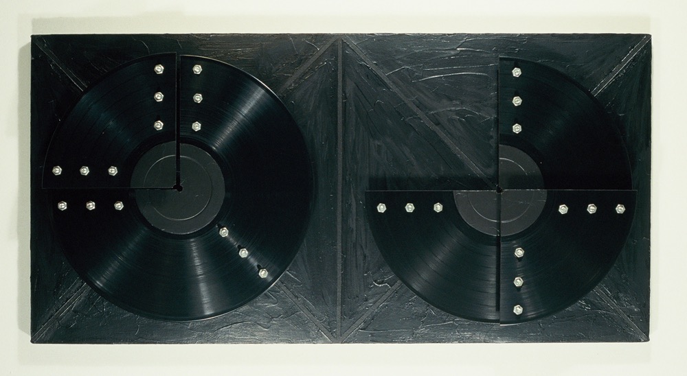 Double Black Mute 1993 14x28x2.75 mixed media and record vinyl on canvas collection of William Tremblay
